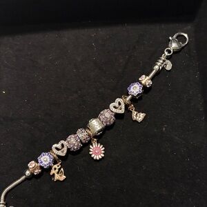 Elegant Purple and Silver Pandora Style Flower and Heart Charm Bracelet